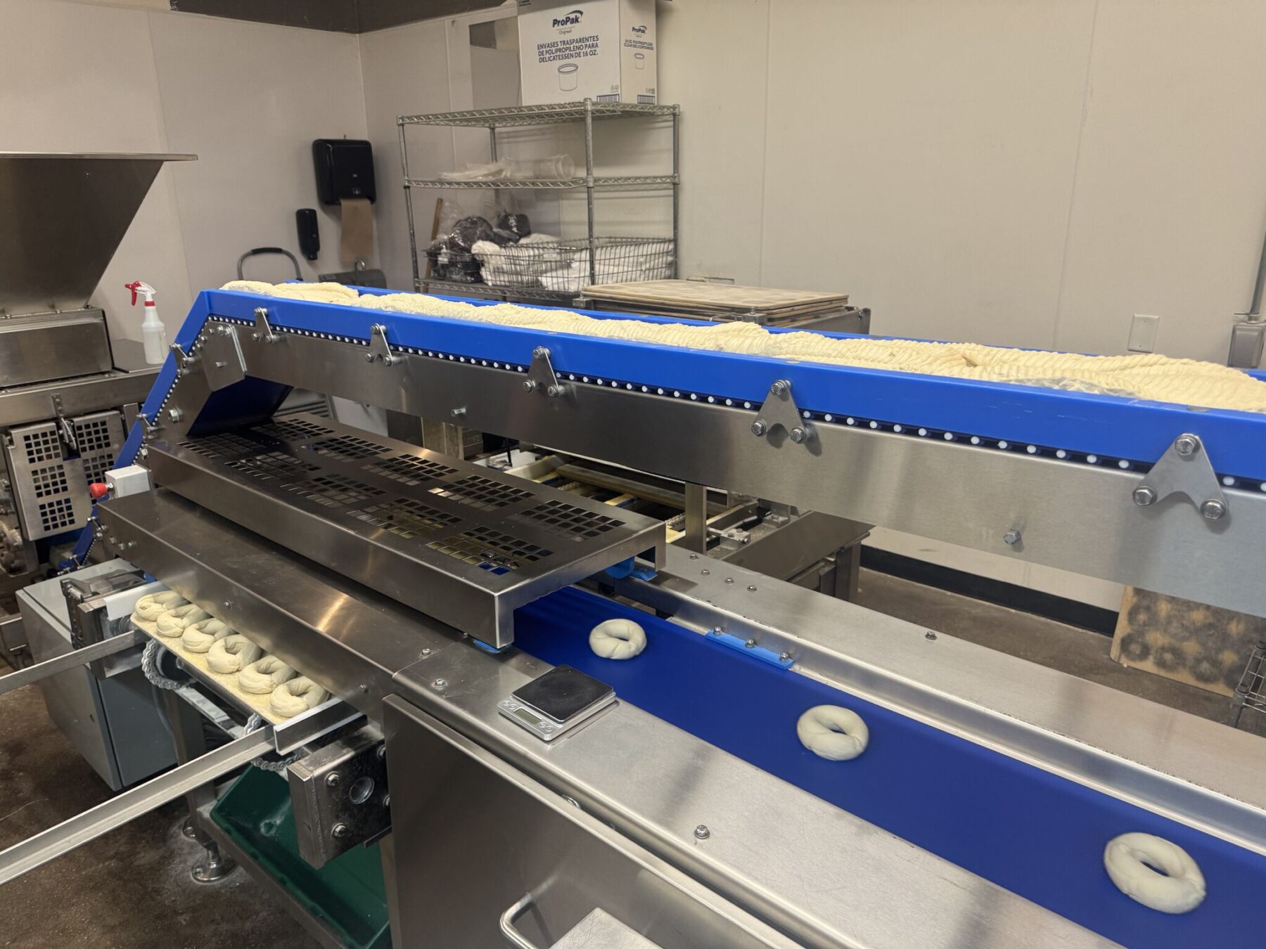 BakTek Services' conveyor belt machine efficiently forms and transports raw bagels in a bustling commercial bakery setting.